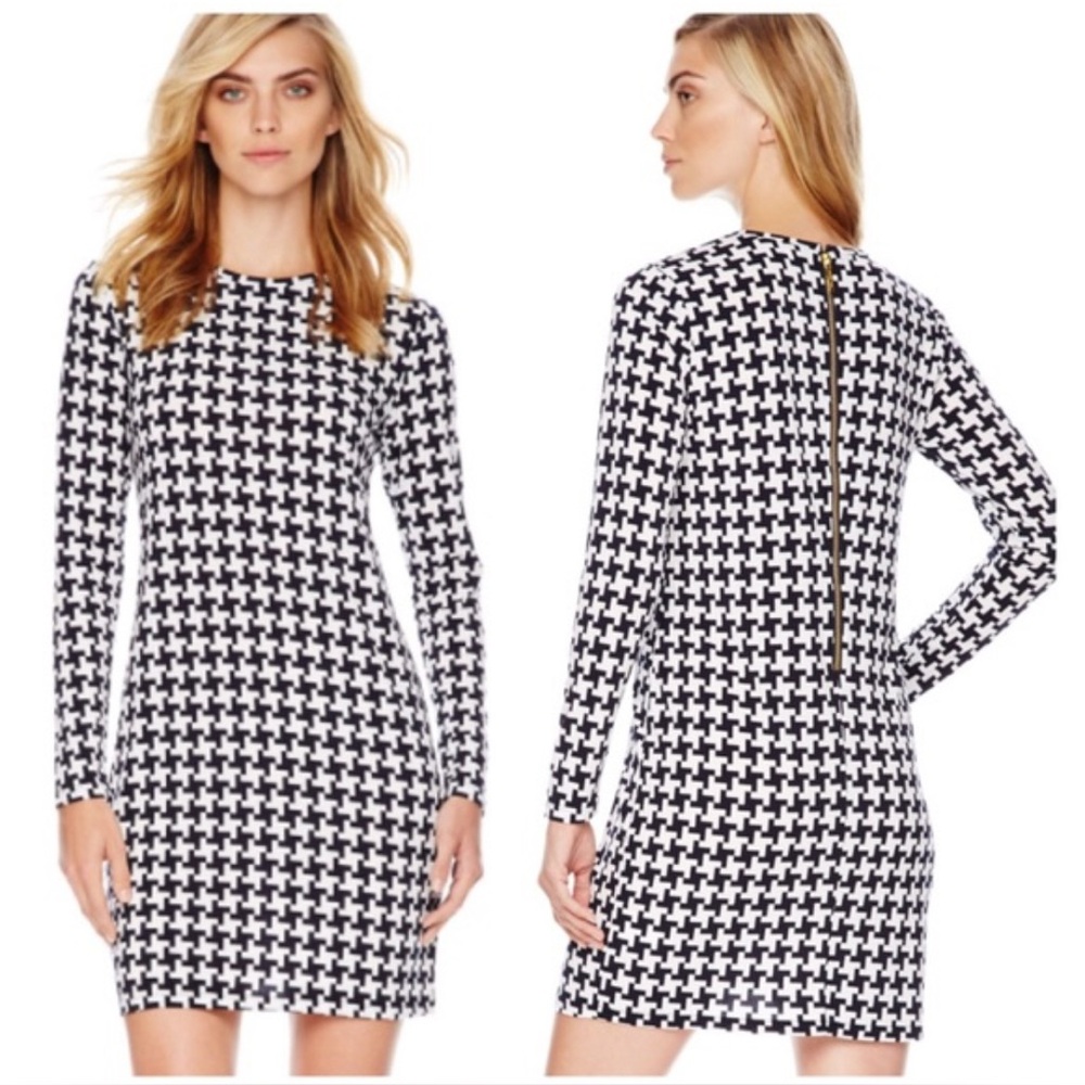 Michael Kors Black and White Houndstooth Dress‎ Size XS Zip Back Gold Hardware